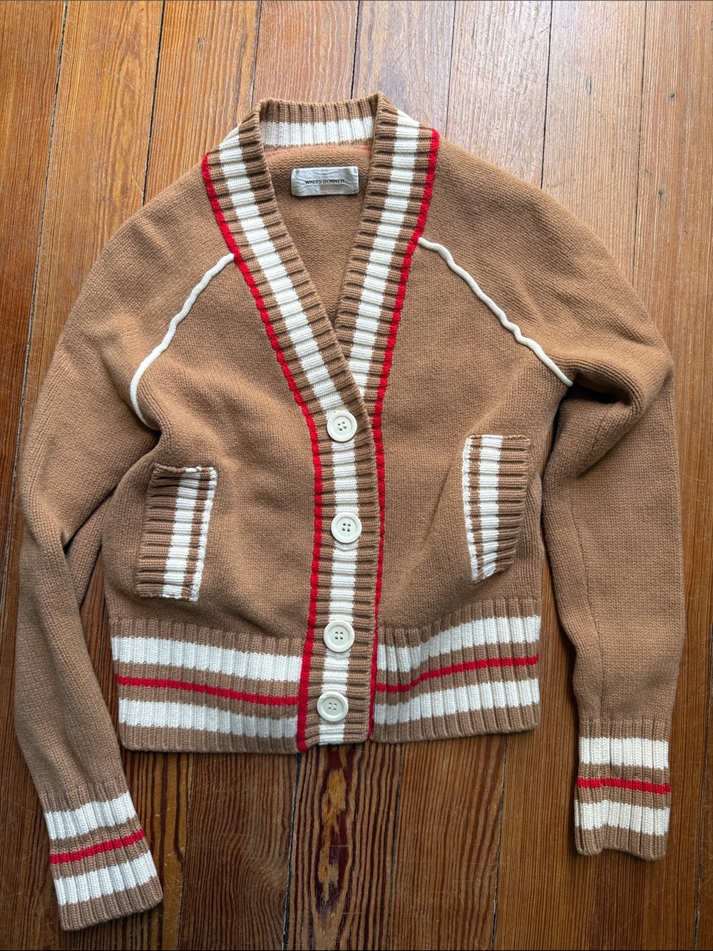 Wales Bonner Tan Artist Cardigan with White and Red Stripe Trim